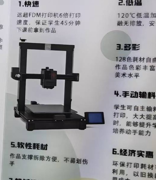 Open-frame classroom 3D printer shown in a product brochure